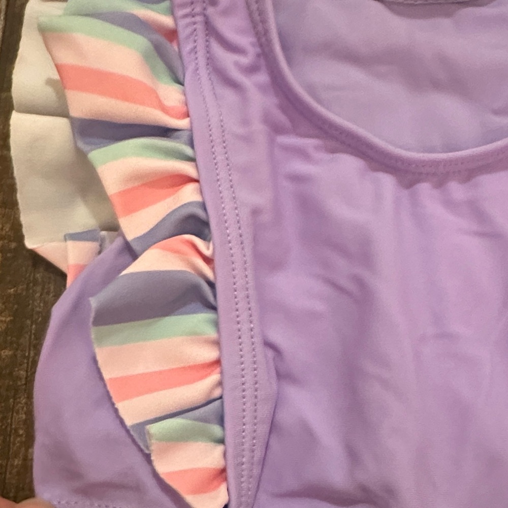 Toddler Girls 4T Purple Ruffle Bikini Swimsuit Rainbow Stripe Set - Picture 3 of 4